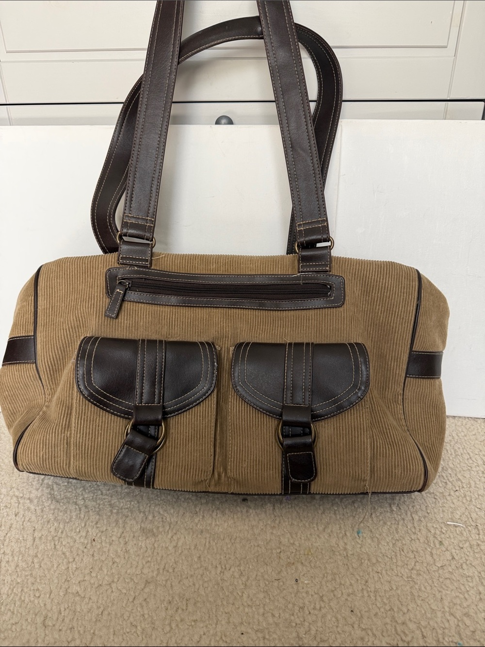 Vintage Y2K Corduroy Weekender2 Tone Brown Carry All Satchel Tote Carry On